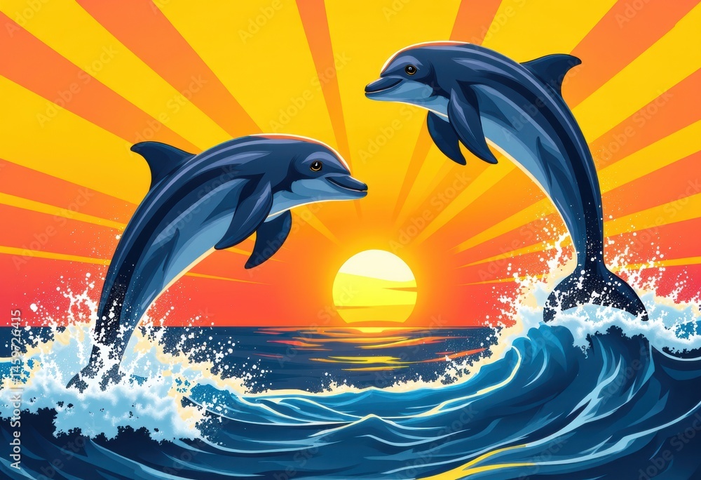 Obraz premium Two dolphins leaping from the ocean waves at sunset, creating a vibrant scene