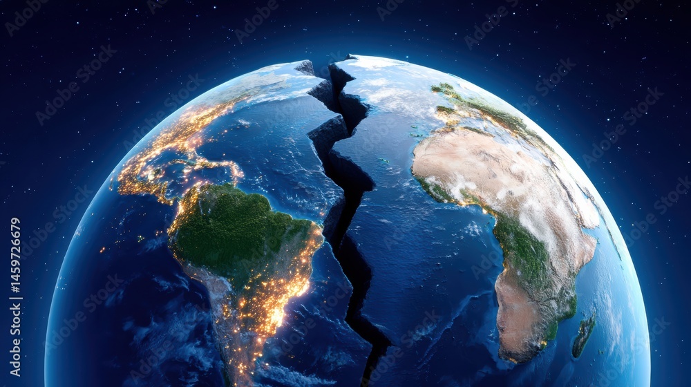 A large crack splits the Earth in half, symbolizing global division or catastrophe, against a backdrop of space. A large crack splits the Earth in half, symbolizing global division or catastrophe, against a backdrop of space.