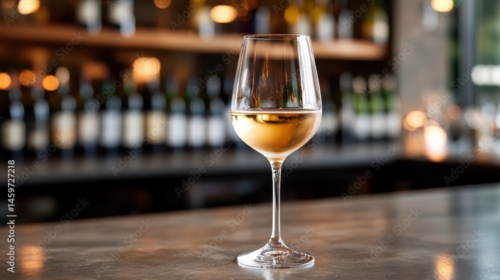 A refined white wine glass sits on a countertop in a modern bar, highlighting its beauty against a backdrop of various wine bottles, perfect for social gatherings and enjoyment. A refined white wine glass sits on a countertop in a modern bar, highlighting its beauty against a backdrop of various wine bottles, perfect for social gatherings and enjoyment.