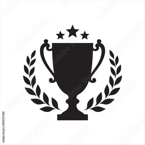 Trophy Icon with Laurel Wreath and Stars,Award Cup Symbol with Laurel Branches,Champion Trophy with Laurel and Stars,Victory Trophy Emblem in Black Silhouette,Laurel Wreath with Cup and Star Icons