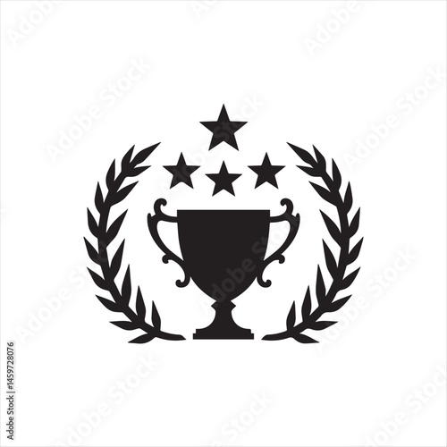 Trophy Icon with Laurel Wreath and Stars,Award Cup Symbol with Laurel Branches,Champion Trophy with Laurel and Stars,Victory Trophy Emblem in Black Silhouette,Laurel Wreath with Cup and Star Icons