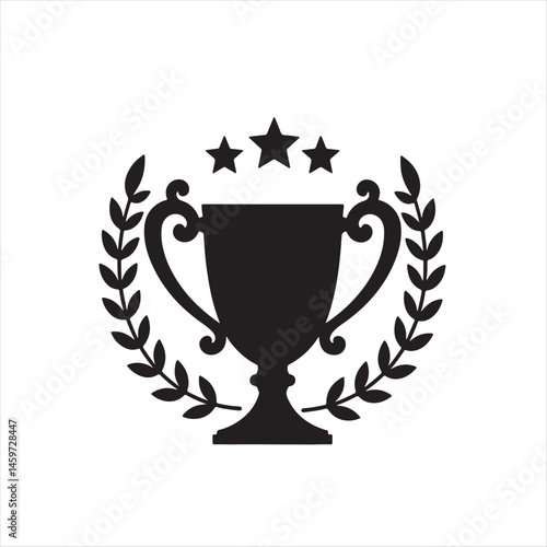 Trophy Icon with Laurel Wreath and Stars,Award Cup Symbol with Laurel Branches,Champion Trophy with Laurel and Stars,Victory Trophy Emblem in Black Silhouette,Laurel Wreath with Cup and Star Icons