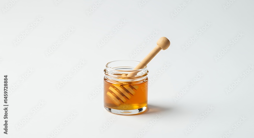 Jar of honey with wooden dipper on white background Jar of honey with wooden dipper on white background