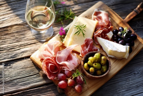 Elegant cheese and charcuterie board with assorted meats, grapes, green olives, wine glass, and fresh herbs on rustic wooden table for gourmet dining experience