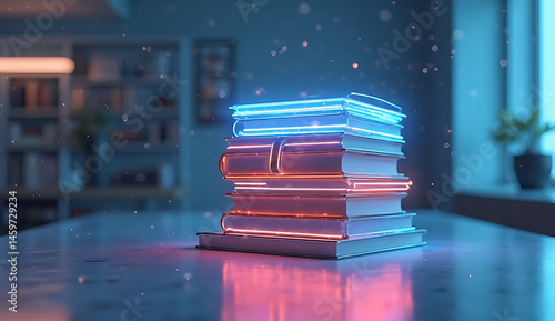 A conceptual image featuring glowing digital books floating in mid-air, symbolizing the transformation from traditional education to online learning. ai generative