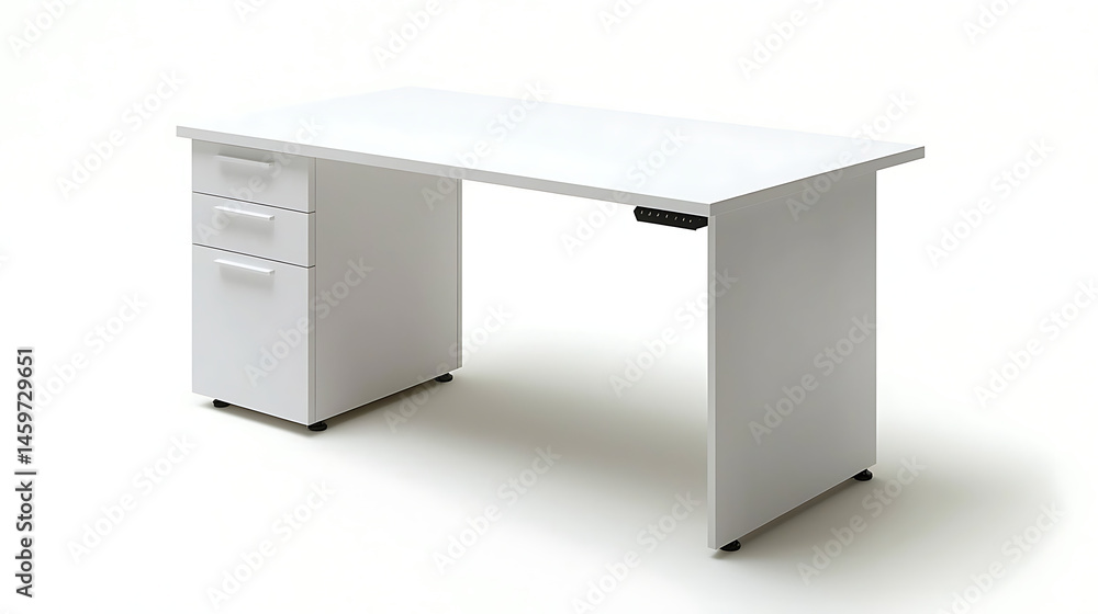 A white desk with three drawers and a black power strip A white desk with three drawers and a black power strip