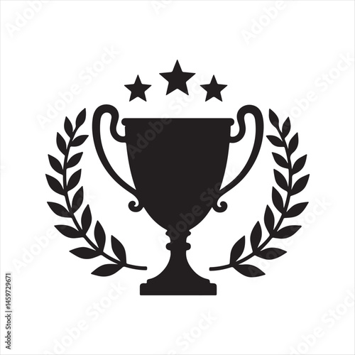 Trophy Icon with Laurel Wreath and Stars,Award Cup Symbol with Laurel Branches,Champion Trophy with Laurel and Stars,Victory Trophy Emblem in Black Silhouette,Laurel Wreath with Cup and Star Icons