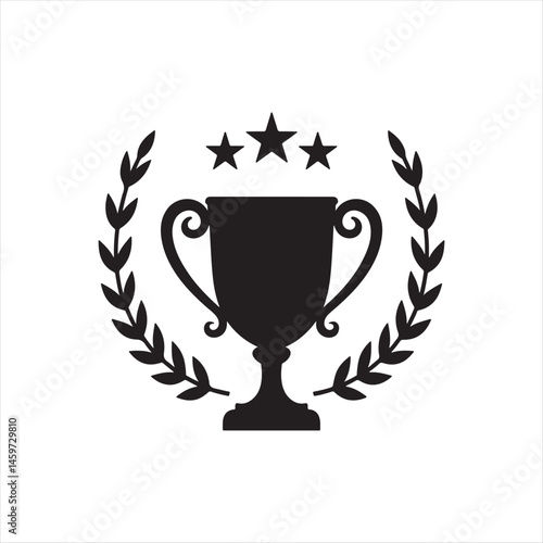 Trophy Icon with Laurel Wreath and Stars,Award Cup Symbol with Laurel Branches,Champion Trophy with Laurel and Stars,Victory Trophy Emblem in Black Silhouette,Laurel Wreath with Cup and Star Icons