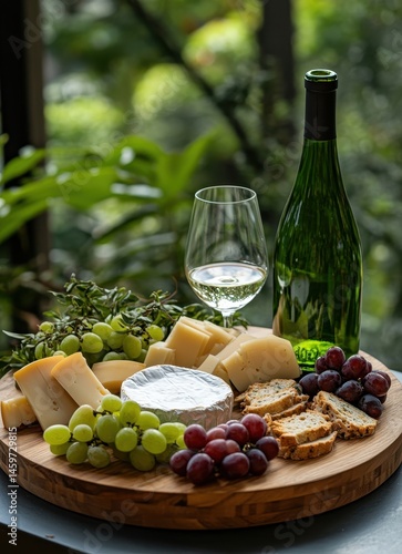 Elegant Cheese Board with White Wine, Grapes, and Artisan Bread Surrounded by Lush Greenery in a Natural Setting