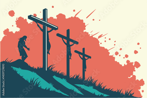 90 Christian crucifixion, three crosses silhouette, abstract watercolor background, vibrant red and teal, splatter effect, spiritual symbolism, dramatic lighting, ethereal atmosphere, religious artwor