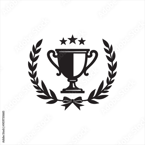 Trophy Icon with Laurel Wreath and Stars,Award Cup Symbol with Laurel Branches,Champion Trophy with Laurel and Stars,Victory Trophy Emblem in Black Silhouette,Laurel Wreath with Cup and Star Icons