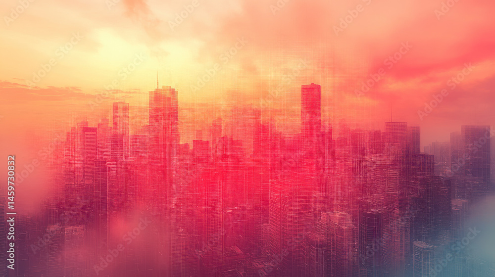 Fototapeta premium Red and Orange City Skyline at Sunset, Abstract Urban Landscape