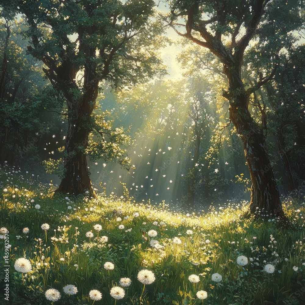 Obraz premium Sunlit forest glade, dandelion seeds, idyllic nature scene, peaceful background, perfect for nature posters