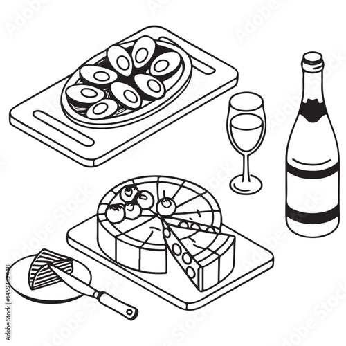 Minimalist food and wine hand drawn sketch set. Cheese platte, ousters plate, charcuterie Jamon and salami board, vine bottle, 
drink glass, champagne vector