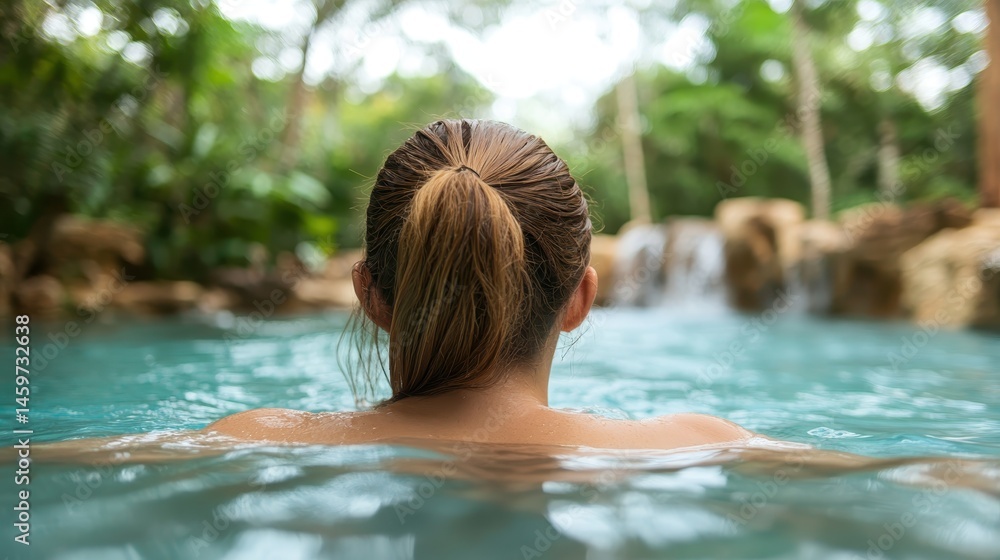 A woman submerged in a relaxing pool near a stunning waterfall, offering a calming atmosphere and a beautiful blend of water, nature, and personal peace. A woman submerged in a relaxing pool near a stunning waterfall, offering a calming atmosphere and a beautiful blend of water, nature, and personal peace.