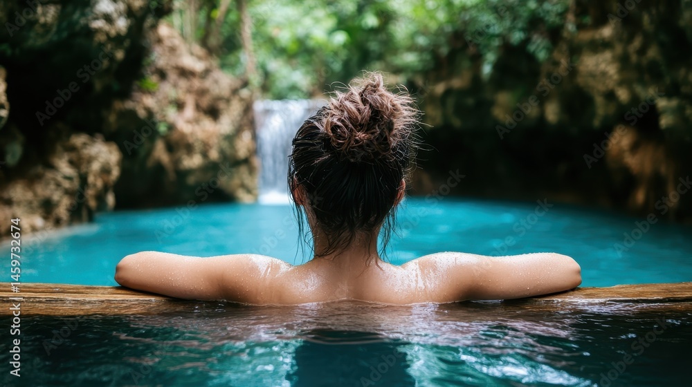 A young woman relaxes in a tranquil pool, surrounded by lush greenery, creating a sense of escape and connection with nature while capturing a moment of peace. A young woman relaxes in a tranquil pool, surrounded by lush greenery, creating a sense of escape and connection with nature while capturing a moment of peace.