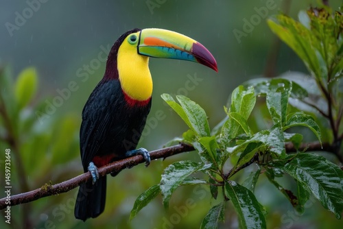 Vibrant keel-billed toucan perched on a branch in the rainforest.