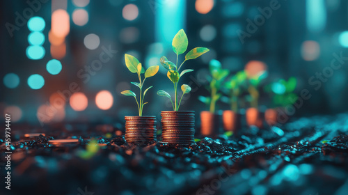 Small Plants Growing from Stacks of Coins Against a Night City Background
