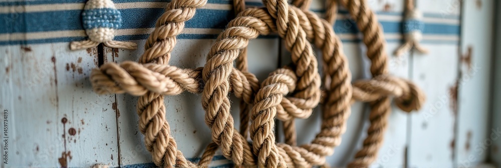 Nautical ropes on weathered wooden wall with blue stripes Nautical ropes on weathered wooden wall with blue stripes
