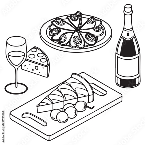 Minimalist food and wine hand drawn sketch set. Cheese platte, ousters plate, charcuterie Jamon and salami board, vine bottle, 
drink glass, champagne vector