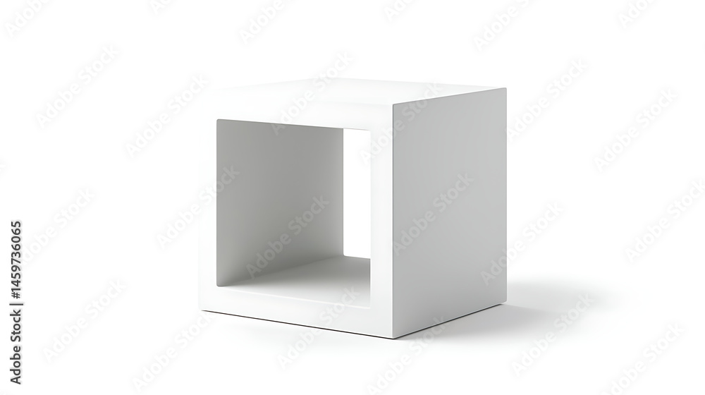 A white cube shaped table with a small shelf on top A white cube shaped table with a small shelf on top