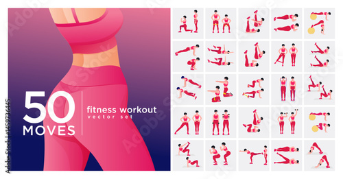 Women Workout Set. Women doing fitness and yoga exercises. Lunges, Pushups, Squats, Dumbbell rows, Burpees, Side planks, Situ ps, Glute bridge, Leg Raise, Russian Twist, Side Crunch .etc