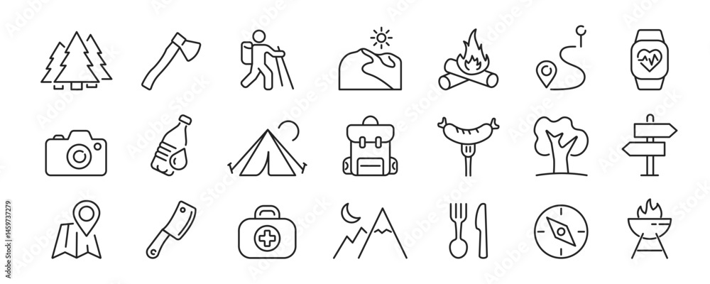 Outdoor and camping icon set. Vector outline style Outdoor and camping icon set. Vector outline style