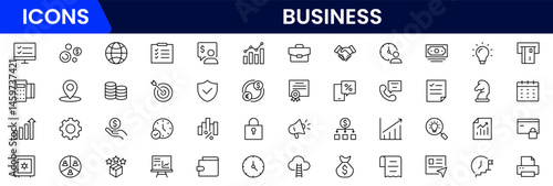 Business and Finance web icons in line style. Money, bank, contact, infographic. Icon collection. Vector illustration.