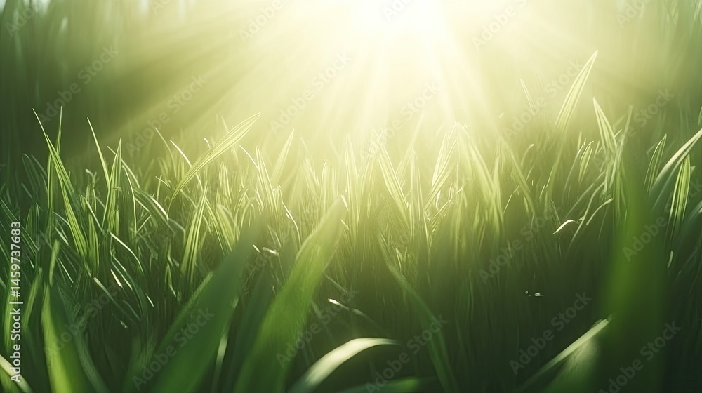 Fototapeta premium Lush green grass field bathed in sunlight's warm glow.
