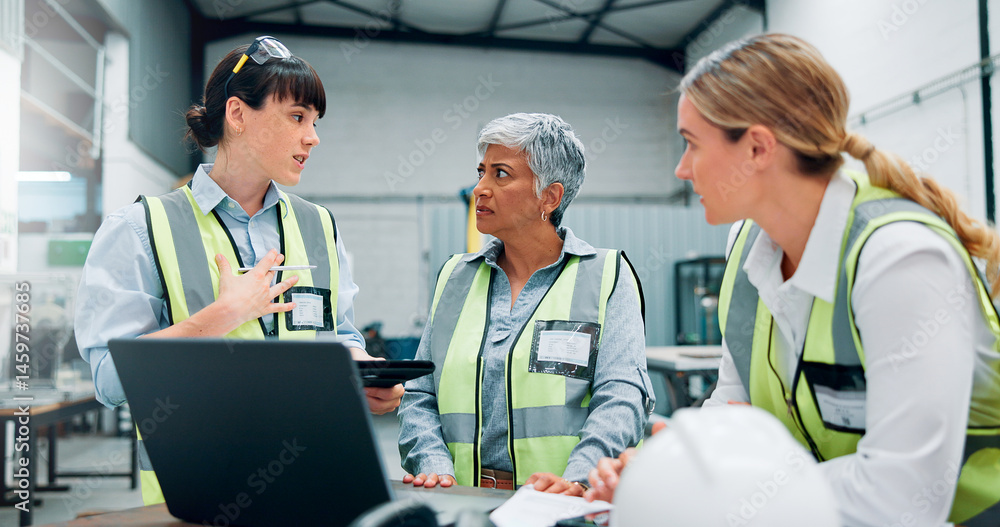 Engineer women, teamwork and technology in warehouse for planning, discussion or communication. Female employees, collaboration and problem solving for robotics with software, ideas and factory Engineer women, teamwork and technology in warehouse for planning, discussion or communication. Female employees, collaboration and problem solving for robotics with software, ideas and factory