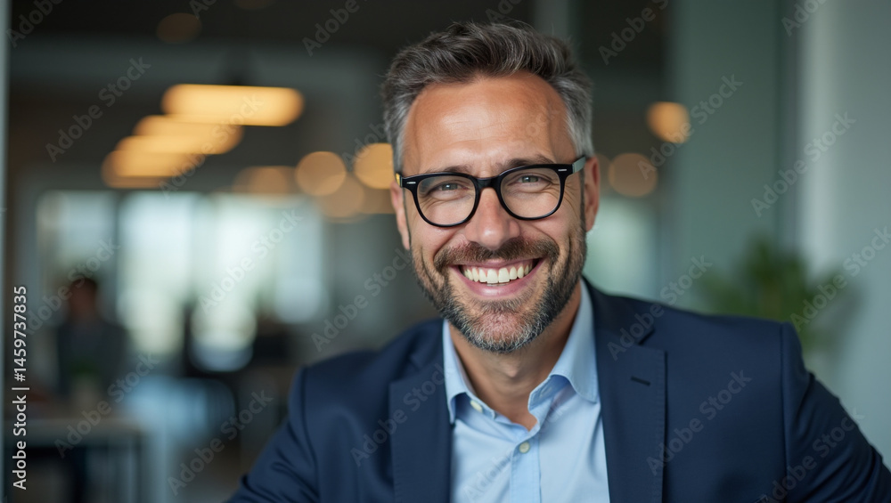 Fototapeta premium Smiling Mature Businessman with Glasses in Modern Office.