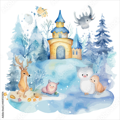 A cute cartoon snowman with a scarf and hat greets Santa in a snowy winter landscape, a fun Christmas card illustration for the holiday season
