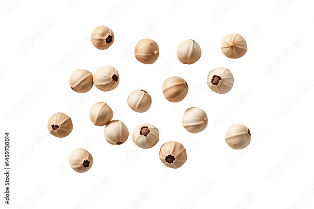 Floating white peppercorn seeds, realistic texture with a dry and rough surface, arranged in a scattered formation, isolated on transparent background Floating white peppercorn seeds, realistic texture with a dry and rough surface, arranged in a scattered formation, isolated on transparent background