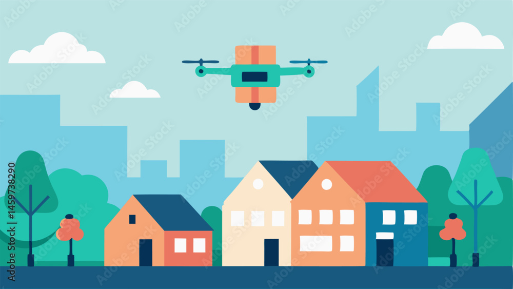 Neighborhood Buzz A drone flying above a picturesque neighborhood trees lining the streets with visible packages dangling beneath it. Neighborhood Buzz A drone flying above a picturesque neighborhood trees lining the streets with visible packages dangling beneath it.