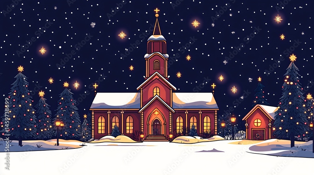 Fototapeta premium Majestic Church Illuminated by Christmas Lights at Night