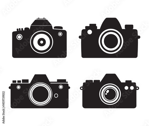 Stylish camera silhouettes collection. Black and white camera vectors. set of vintage cameras