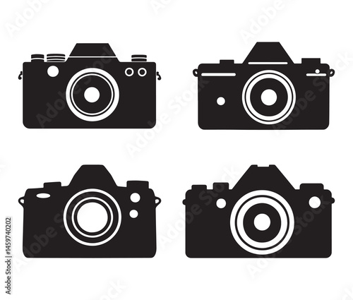 Stylish camera silhouettes collection. Black and white camera vectors. set of vintage cameras