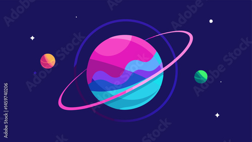 Planet of Discounts A vibrant planet with rings that hold various floating neon signs showcasing different sales surrounded by smaller stars and celestial bodies.