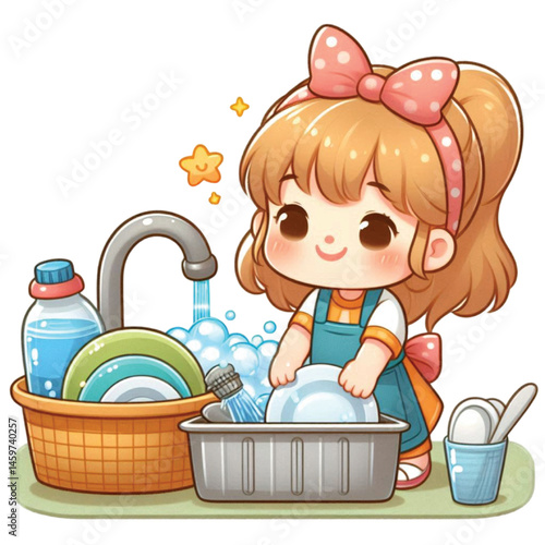 A cartoon girl is washing dish