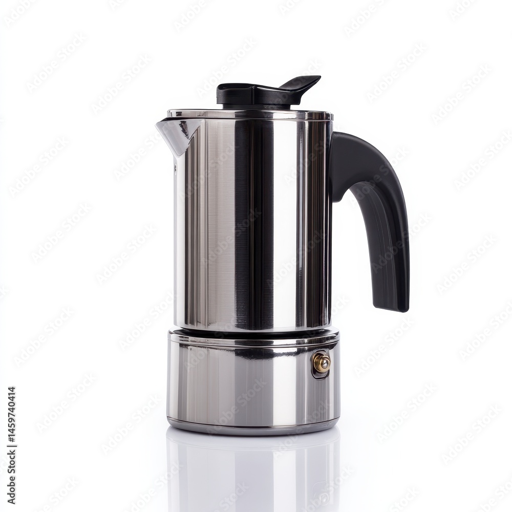 Sleek stainless steel stovetop espresso maker with a black handle, isolated on a white background. Sleek stainless steel stovetop espresso maker with a black handle, isolated on a white background.