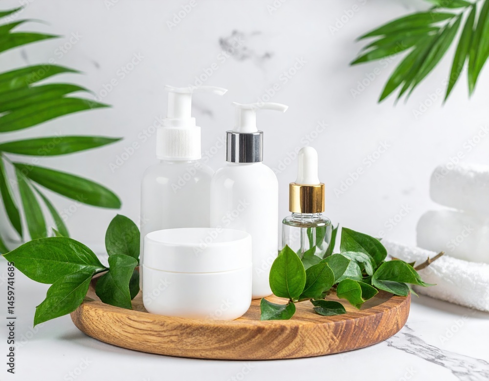 A rustic wooden tray elegantly displays assorted glass bottles of varying sizes, surrounded by vibrant green leaves, creating a natural, inviting ambiance. A rustic wooden tray elegantly displays assorted glass bottles of varying sizes, surrounded by vibrant green leaves, creating a natural, inviting ambiance.
