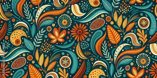 Vibrant Floral and Abstract Shapes Seamless Pattern Design Featuring a Teal Background with Orange, Yellow, and Green Hues