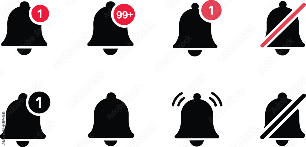 Fototapeta premium Notification Bell Icon Set with Read, Unread, Muted, and Active Indicators