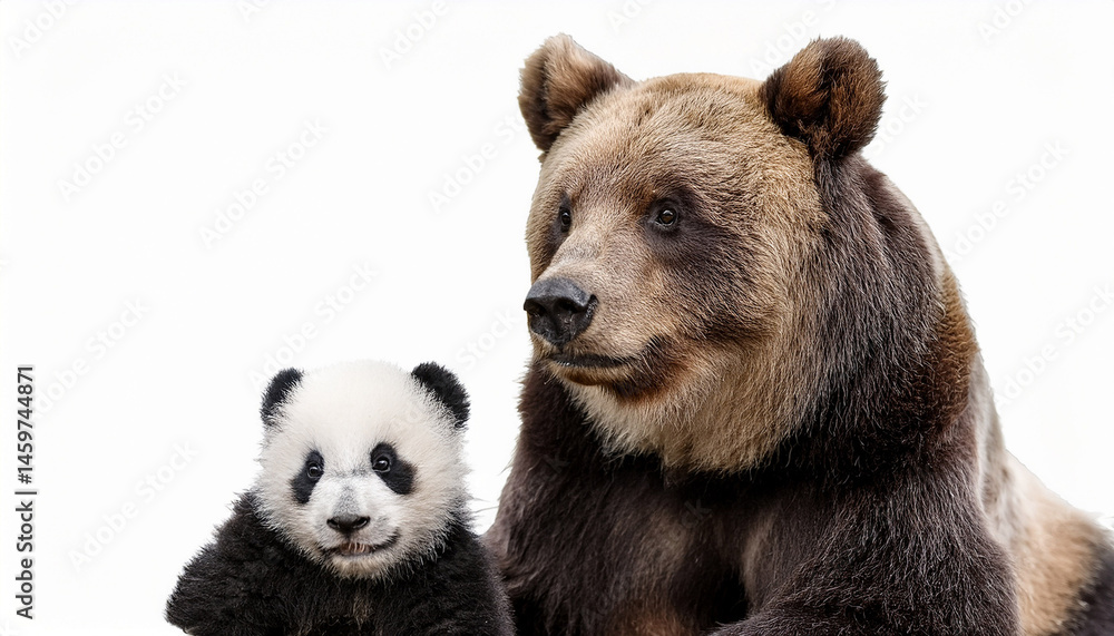 Obraz premium brown bear and panda cub posing on white background