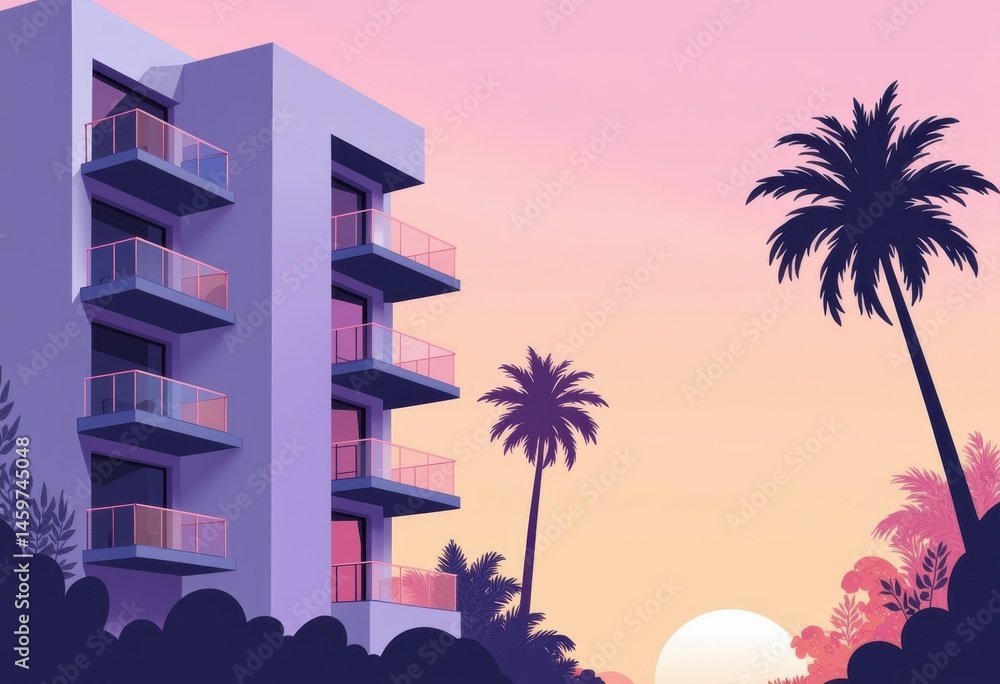 Naklejka premium Modern apartment building with balconies against a vibrant sunset