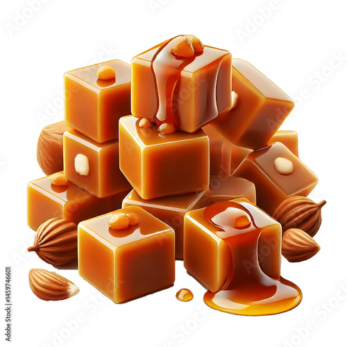 Caramel cubes isolated on white background