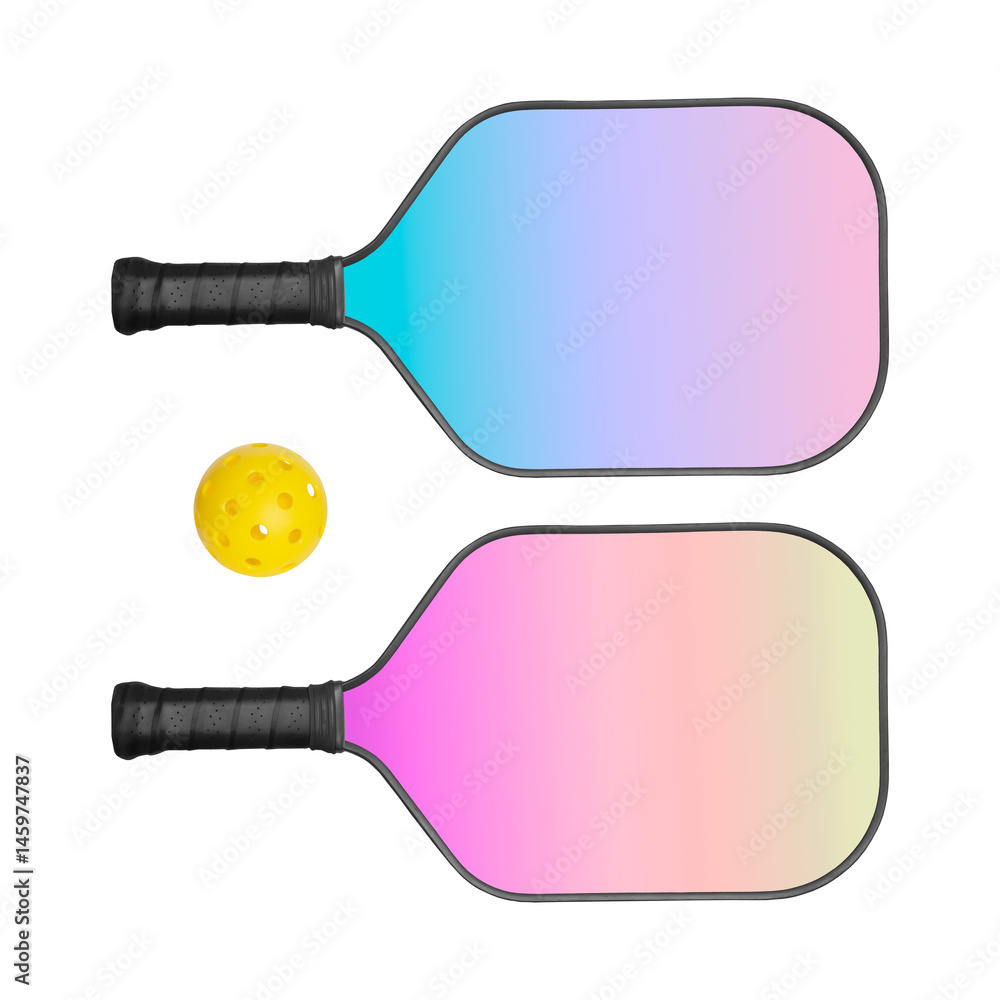Color gradient pickleball paddles with vibrant green hole-pattern ball