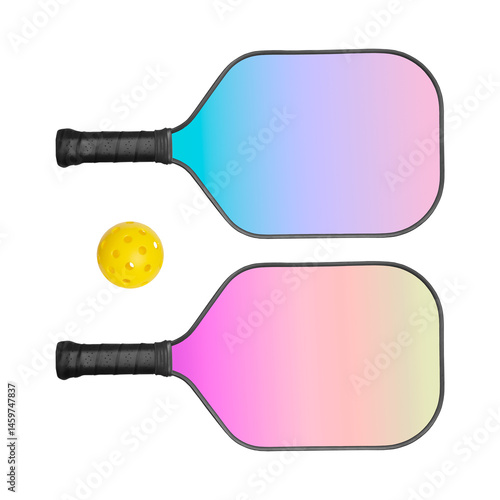 Obraz na płótnie Color gradient pickleball paddles with vibrant green hole-pattern ball w salonie