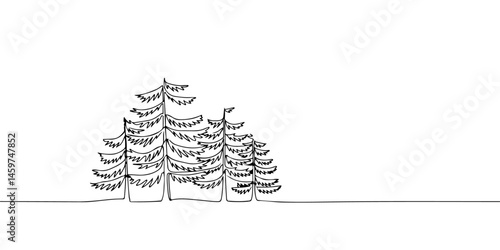 A continuous single line drawing of the edge of a pine tree forest, representing the depiction of the boundary between nature and the liar nature, line art style vector illustration.