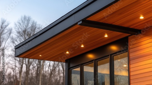 Modern architectural design featuring a wooden overhang with ambient lighting at dusk